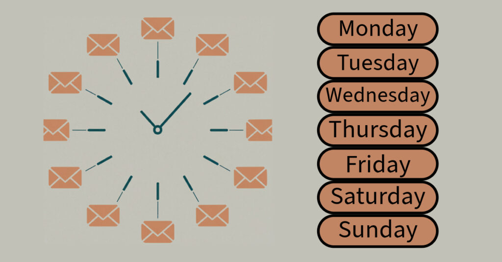 Best time to send email on Monday
Best time to send email on Tuesday
Best time to send marketing email on Wednesday
.Best time to send email on Thursday
Best time to send email on Friday
"Best time to send email on Saturday
Best time to send email on Sunday